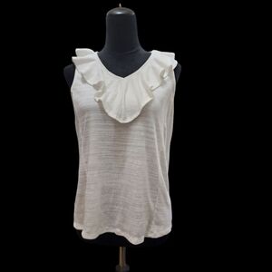 Cable & Gauge Sleeveless Ruffled Tank Top with Bib Collar